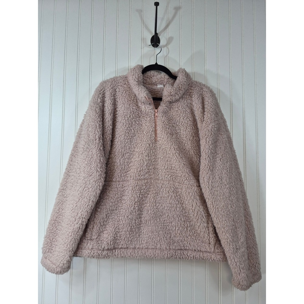 Gap Womens XL Pink Sherpa Fleece 1/4 Zip Pullover Sweater Kangaroo Pocket Cozy
